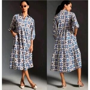 Anthropologie Maeve Boho Bettina Tiered Shirt Dress Buttondown Sapphire Sz Small